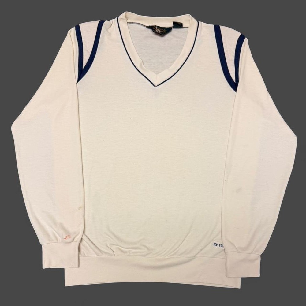 Vintage 90s Ketch V Neck Lightweight Sweatshirt Cream Navy Mens Medium 20x25